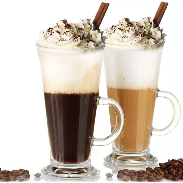 Royal Cuisine Latte Glasses Coffee Cups for Espresso Cappuccino Tea Hot Drink Glass Cups with Handle Ideal for Ice Cream Latte, Hot Chocolate, Set of 2 (270ml)