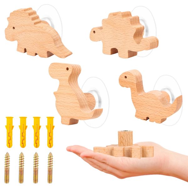 MplehDa Schrankknöpfe Holz für Kinderzimmer, 4 Stück Holzknäufe mit Tiermotiven, Möbelknöpfe aus Holz, 2 IN 1 Selbstklebend Möbelknöpfe mit Schrauben, Holzgriffe für Schränke Türknöpfe (Dinosaurier)