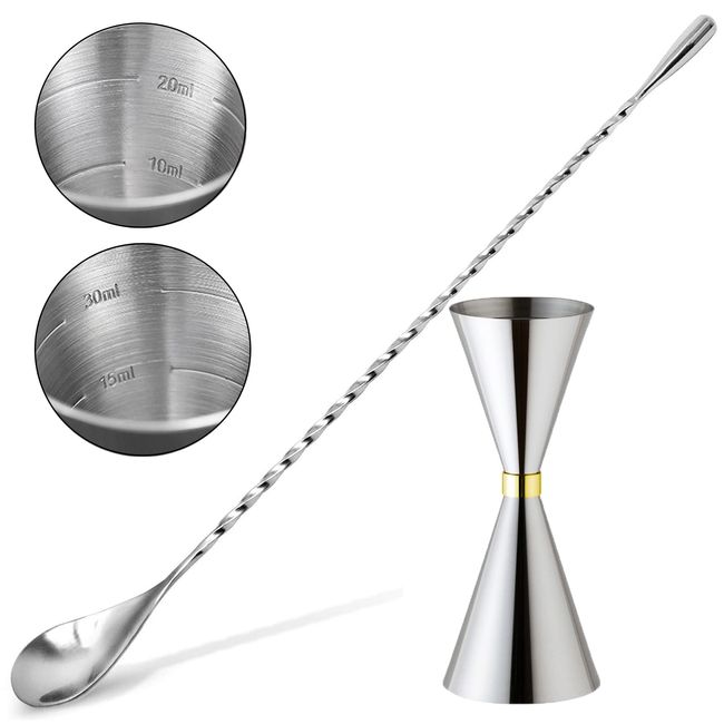 Sakurahana Direct Shipping 30ml/45ml Jigger Cup and Bar Spoon Set 30ml/45ml oz Cup Graduated Cocktail Spoon 30cm Cocktail Measuring Cup Cocktail Set Stainless Steel Bartender Tools Bar Supplies