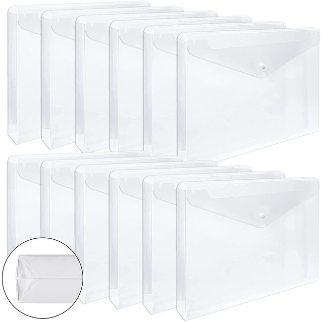 EOOUT 12pcs Plastic Envelopes, Clear Folders, Expandable Gusset and Plastic Waterproof Envelope with Snap Button Closure, Letter Size, A4 Size, for School and Office Suppiles