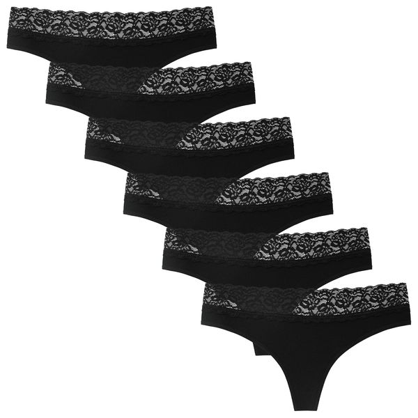 INNERSY Tanga Damen Sexy Spitze Baumwoll String Schwarz Hipster Pantys Bequeme Thong 6er Pack (L, 6 Schwarz mit Spitzenbund)