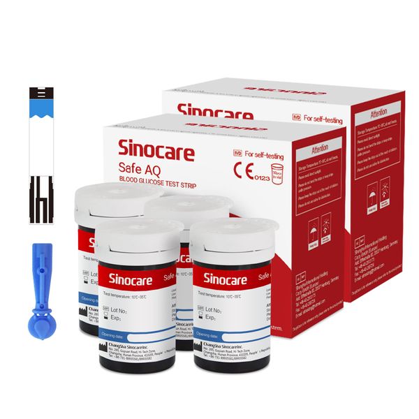 Sinocare 100pcs Blood Glucose Test Strips & 100pcs Lans. for Safe AQ Smart and Safe AQ Voice (Safe AQ Strips- 100)