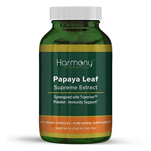 Papaya Leaf Supreme Extract Highest Potency Maximum Bioactivity Organic Dr. Gumman's Harmony Nutraceuticals Clinical Grade 120 Vegan Capsules Synergized with Triperine