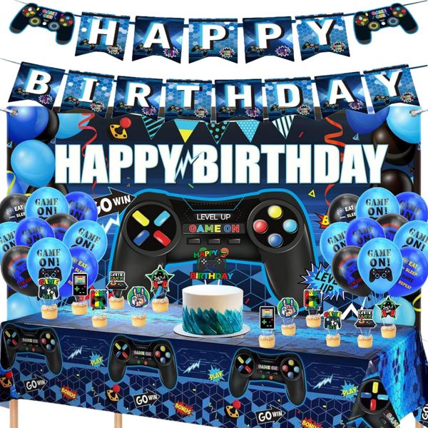 GLOBESPORT Video Game Birthday Party Decorations Supplies, Video Gamer Birthday Decorations for Fans Boys Including Happy Birthday Banner, Backdrop, Tablecloth, Balloons, Cake and Cupcake Toppers