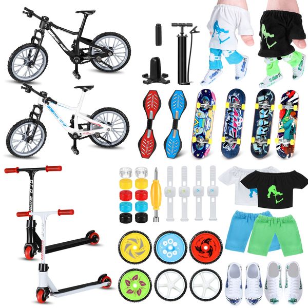 Hanaive 45 Pcs Mini Finger Toys Gift Finger Skateboards Bike Scooter Mini Skate Board Finger Tops Pants Shoes for Boys Girls Party