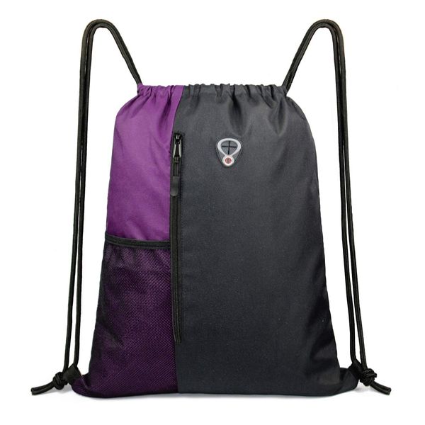 BeeGreen Purple Drawstring Backpack Sports Gym Bag for Women Men Large Cinch Sack workout Bag with Zipper and Water Bottle Mesh Pockets, 16 x 20 inch