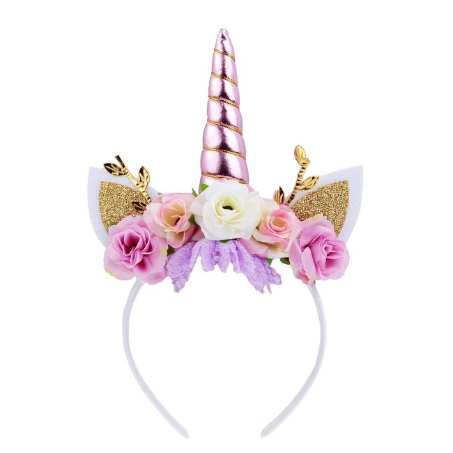 Nishine Unicorn Horn Floral Headband Glitter Ears Pony Head Bands Tiara for Girls Party Birthday Cosplay (Pink&Ivory)