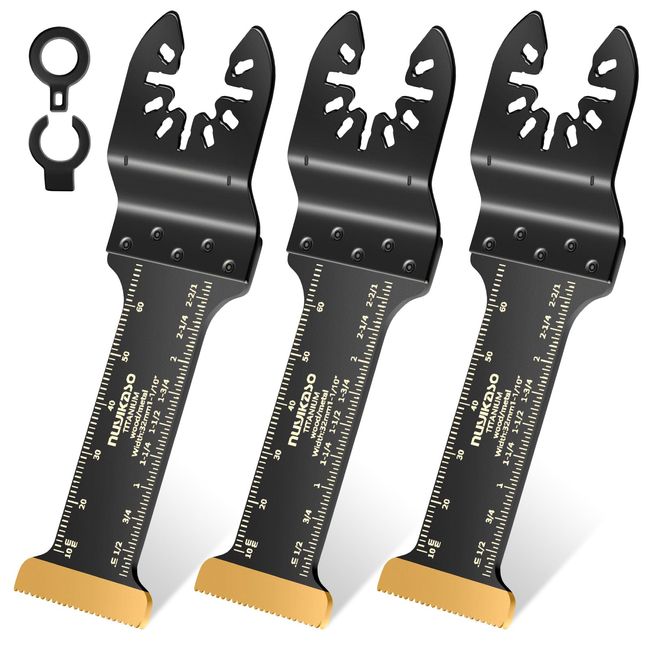 Nuyikaso 3 Pack Titanium Multi Tool Blades Extra-Long Reach Oscillating Saw Blades Multitool Accessories Kit for Wood Metal Screws Plastic Compatible with Fein Multimaster Makita DeWalt Bosch