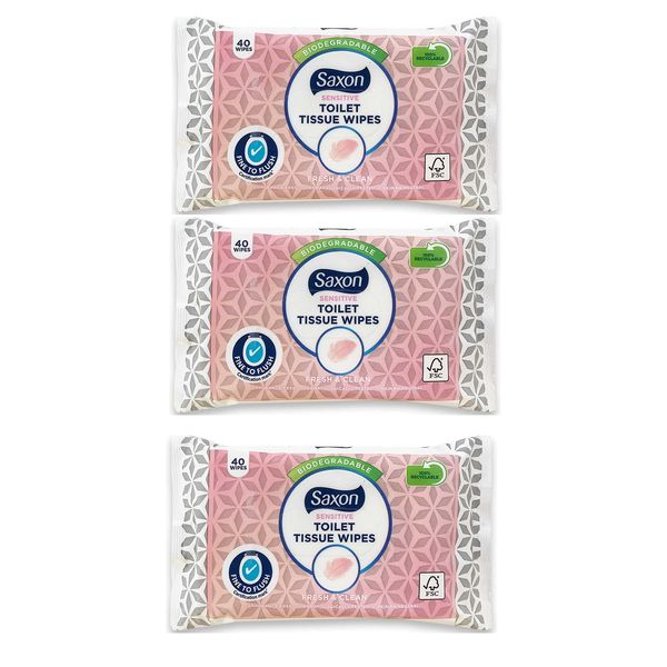 Aldi Toilet Tissue Wipes Biodegradable, Normal/Sensitive, Fresh and Clean with Micellar Water - Fine To Flush (3 Pack - 120 Wipes) (Sensitive)