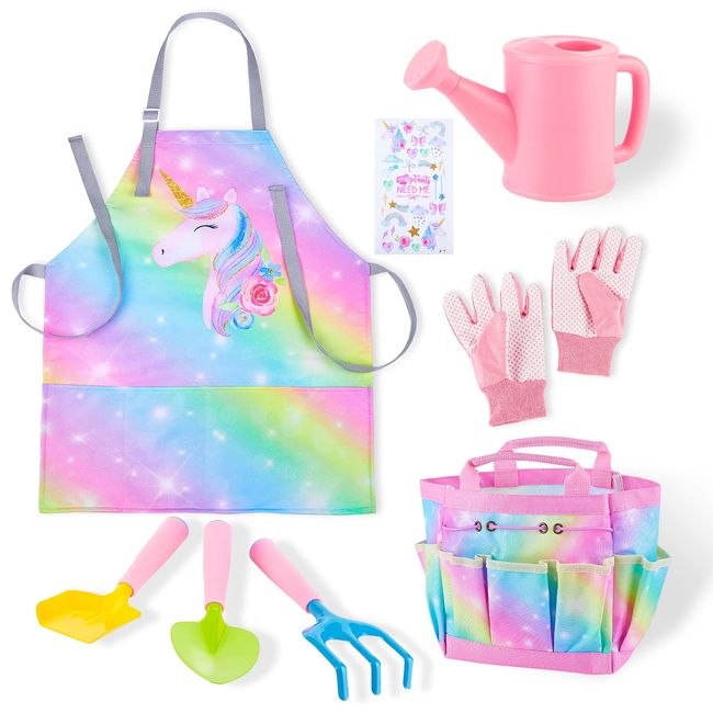 FIODAY Kids Gardening Set, Garden Tools for Kids with Watering Can, Shovel, Rake, Gloves, Waterproof Unicorn Apron with Pocket, Storage Bag and DIY Sticker Gardening Kit Gift for Girls