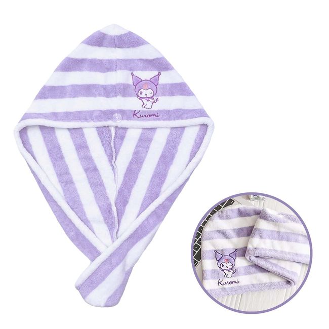 ROFOLO Kawaii Microfiber Striped Hair Towel for Women, Super Absorbent Hair Shower Cap for Long Hair, Quick Dry Towel Wrap with Botton of Cute Hairbands for Girls Bath Accessories(Purple-2)