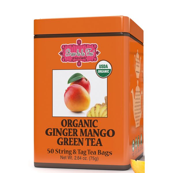 Brew La La Organic Green Tea - Ginger Mango Flavor - 50 Tea Bag Tin - Low Caffeine Tea - USDA Certified Organic