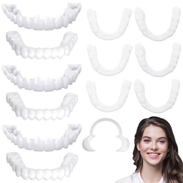 6 Pairs False Teeth,Clip in Veneers Teeth,Instant Veneers Dentures,Snap on Veneers Teeth Top and Bottom,Whitening Veneers Teeth with Opener for Men Women