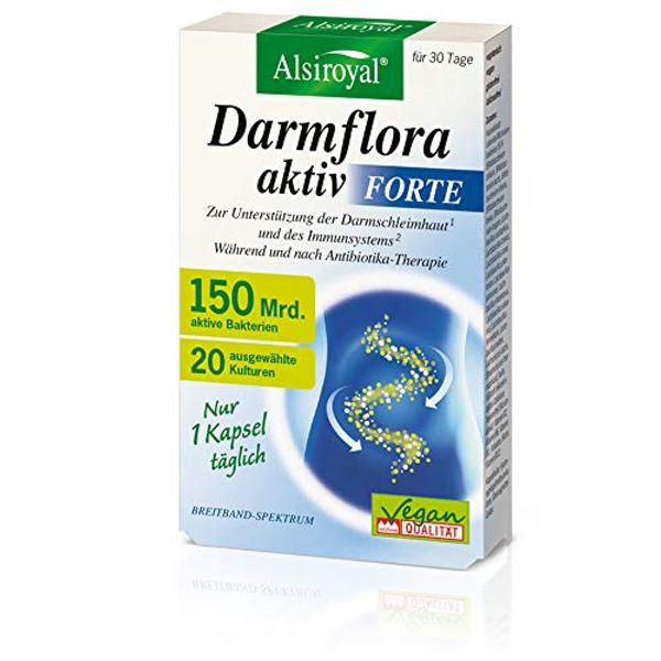 Alsiroyal Darmflora aktiv Forte - Probiotika zur Unterstützung von Darmschleimhaut & Immunsystem während & nach Antibiotika-Therapie (30 Kapseln) - Darmflora aufbauen - Nur eine Kapsel täglich - vegan