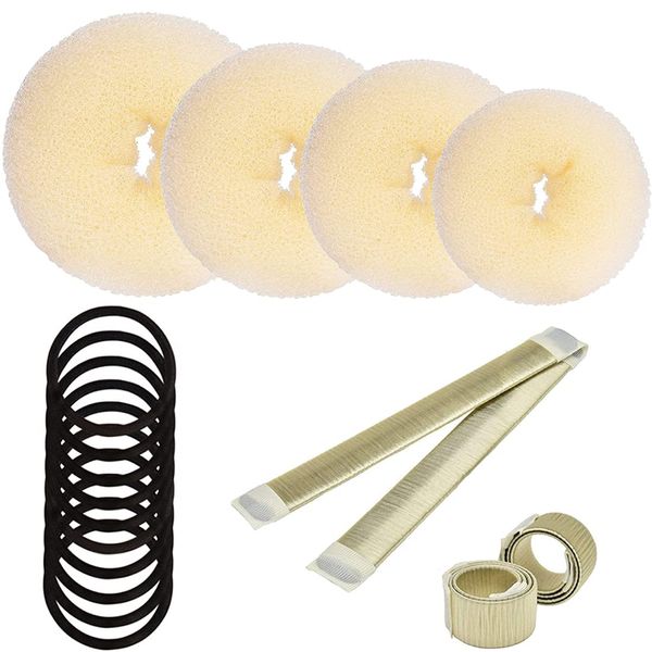 16pcs Hair Bang Shaper Set,4pcs Hair Donut Bun Maker,2pcs Magic Hair Bang Maker,10pcs Hair Elastic Bands(Blonde)