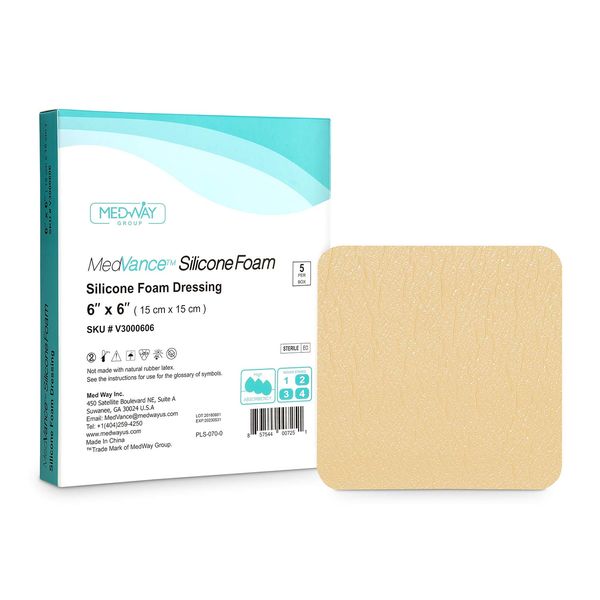 MedVance TM Silicone - Silicone Adhesive Foam Absorbent Dressing, 6"x6", Box of 5 dressings