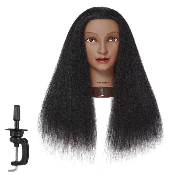 Headwinn Mannequin Head with Hair 26"-28" Synthetic Fiber Long Hair Styling Training Head Manikin Cosmetology Doll Head Free Clamp Stand (16 inches black)