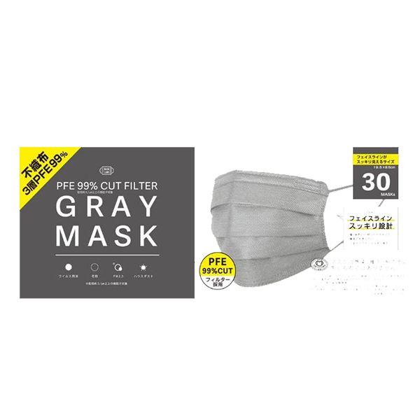 [Fuji] GRAYMASK Non-woven Fabric 3-Layer PFE Mask (Set of 30 Sheets x 2) Gray Mask Face Line Clean Wide Design (2)