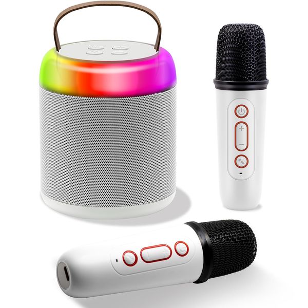 Newest Portable Karaoke Machine,Portable Bluetooth Speaker with 2 Wireless Microphone for Kids Adults, Birthday Gifts for Boys and Girls(White)