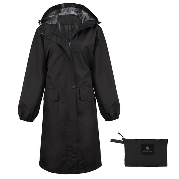 SaphiRose Womens Long Hooded Rain Jacket Waterproof Lightweight Raincoat Windbreaker Black Large