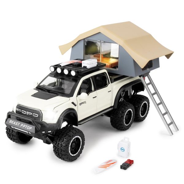 BDTCTK 1/32 Ford Raptor F150 Pickup Truck Model Car Motorhome Camper, Zinc Alloy Pull Back Toy Car Camping RV with Sound and Light for Kids Boy Girl Gift(White)