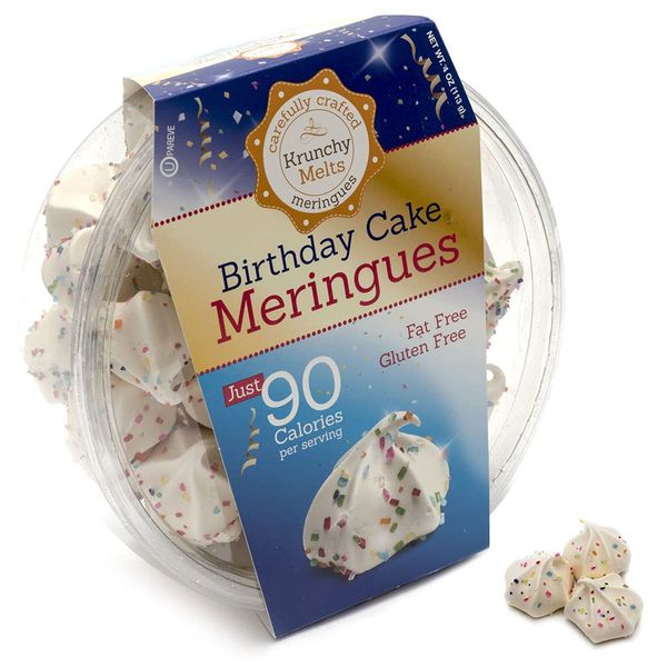 Krunchy Melts - Original Meringue Cookies - Birthday Cake Flavor - Meringues - Fat Free - Gluten Free - Nut Free - 90 Calories Per Serving - Low Calorie Snack - Sweet Treats - 4 Oz