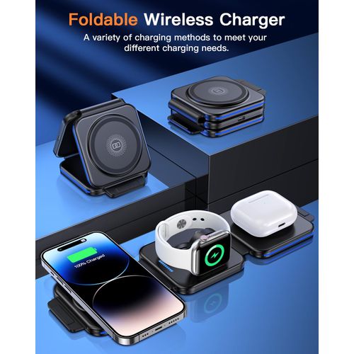ZUMSEY Foldable Travel Wireless Charger, 3 in 1 Magnetic Wireless Charging Station for iPhone 15/14/13/12 Series, Apple Watch Charger for iWatch 9/Ultra 2/Ultra/8/7/6/SE/5/4/3/AirPods 2/3/Pro (Black)