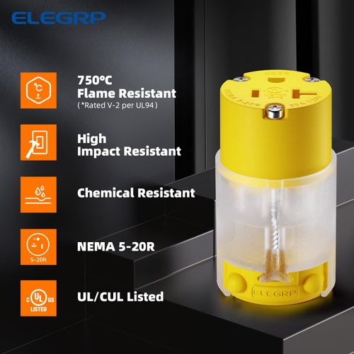 ELEGRP Lighted 20 Amp 125 Volt NEMA 5-20R 2 Pole 3 Wire Grounding Straight Blade Electrical Plug Replacement Cord Outlet Commercial Grade, Yellow, 2 Pack