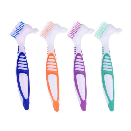 Pack of 4 Portable Denture Cleaning Brushes with Moderate Multilayer Bristles, Double-Sided Brush for Cleaning False Teeth - 4 Colours
