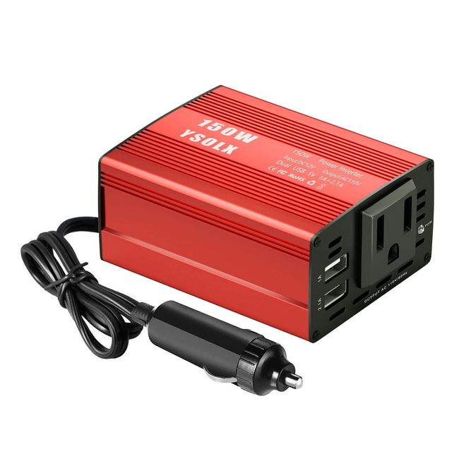 YSOLX 150W Car Power Inverter DC 12V to 110V AC Outlet Converter with 3.1A Dual USB Car Charger Adapter Red