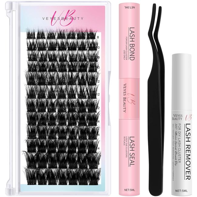 VEYESBEAUTY Lash Clusters Kit Individual Lash Extensions with Bond & Seal Lash Remover Xtreme 3D Layered Fluffy Volume Eyelashes Wispy Faux Mink Lash Newbie's Five-Second DIY Mixed Length Tray at Home