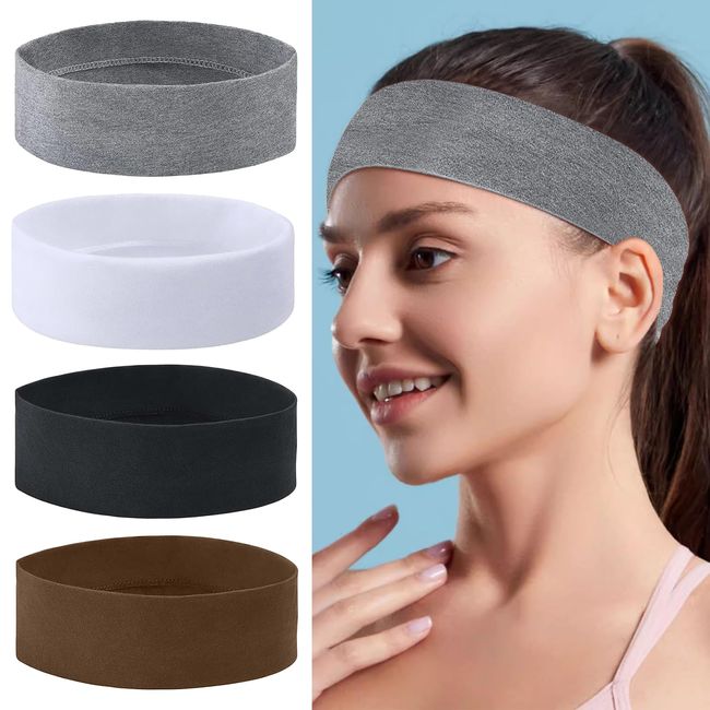 4 Stück Yoga Haarbänder, Stirnband Sport Damen, Elastische Stirnbänder für Yoga Workout, Radfahren, Fitness, Laufen (Schwarz, Weiß, Grau, Braun)