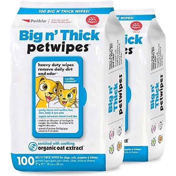 Petkin Large Pet Wipes for Dogs and Cats, 200 Count, Organic Oat Extract,...