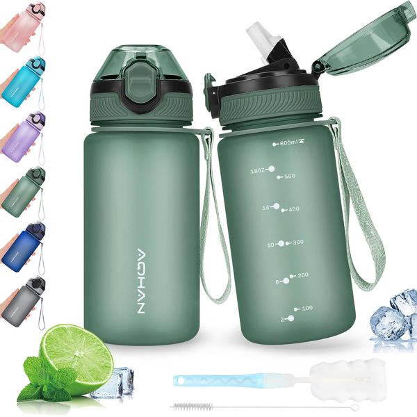 AOHAN 600ML Water Bottle with Leak Proof Flip Top Lid, BPA Free Sport Drinking Bottle with Straw, Dishwasher Safe Water Bottle Non-Toxic Water Jug with Carrying Strap