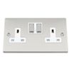 A5 Wall Socket 2 Gang - Satin Matt Chrome Square - White Insert - Metal Rocker Switch - 13A Double Plug Socket
