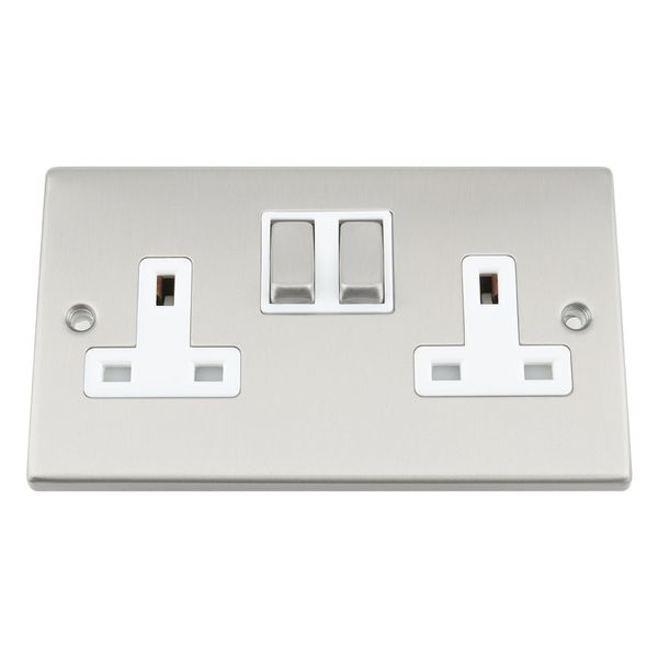 A5 Wall Socket 2 Gang - Satin Matt Chrome Square - White Insert - Metal Rocker Switch - 13A Double Plug Socket
