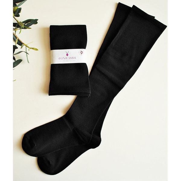 Olive Sarah Compression High Socks, Black, Plain, For Old-san's Work, High Socks, Made with Olive Oil from Shodoshima, Moisturizing Socks, Antibacterial, Odor Resistant, Black