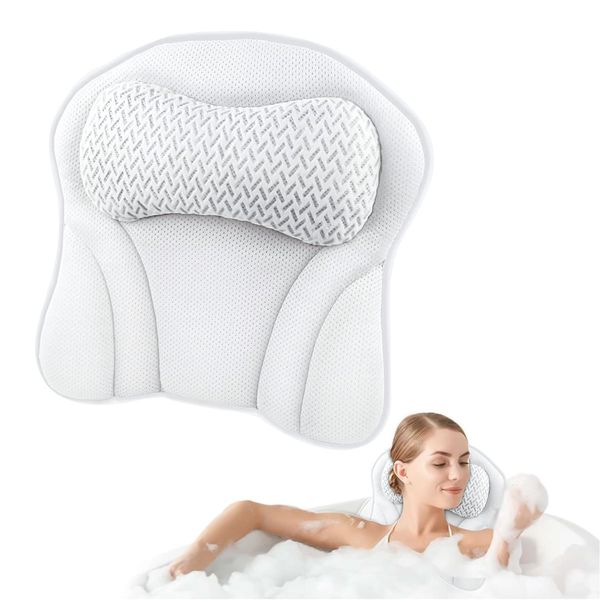 Luxury Bath Pillows for Tub Neck and Back Support, Ergonomic Bathtub Pillow with 6 Non-Slip Suction Cups, Ultra-Soft 4D Air Mesh Design Tub Pillow for Bath Fits All Bathtubs