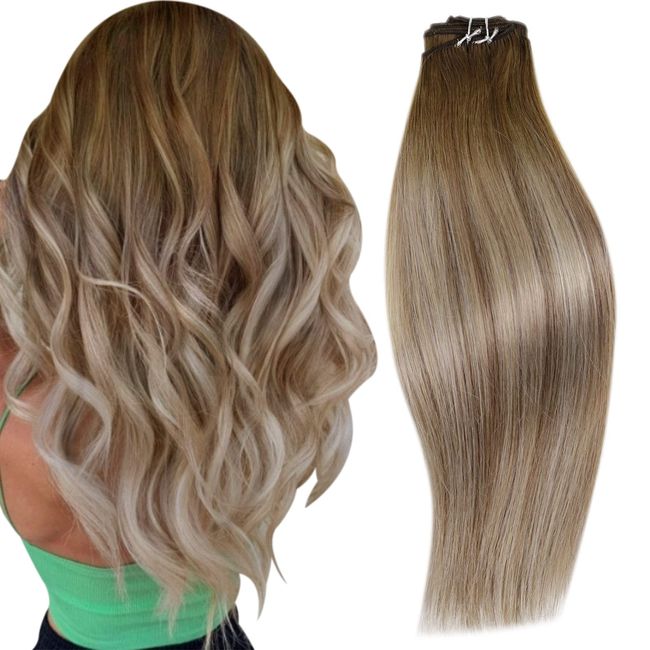 RUNATURE Tressen Echthaar Balayage Dunkelbraun mit Aschbraun und Mittelblond Ombre Haartressen Extensions Echthaar Braun Weave Tressen Extensions 35cm 14 Zoll 70g #3/8/22