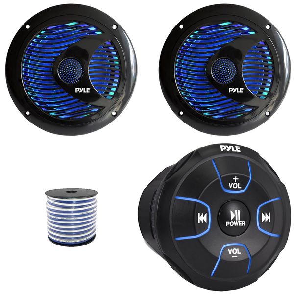 Pyle PLMRBT18 Bluetooth Marine Controller, 2x 6.5'' 150W Max RGB LED Speakers