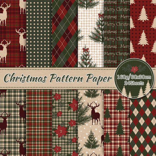 Whaline 24 Pack Christmas Pattern Paper 30x30cm Woodland Merry Christmas Scrapbook Paper Double-Sided Plaid Xmas Craft Paper Folded Flat for DIY Card Making Scrapbook Photo Album Decor, 12 Designs