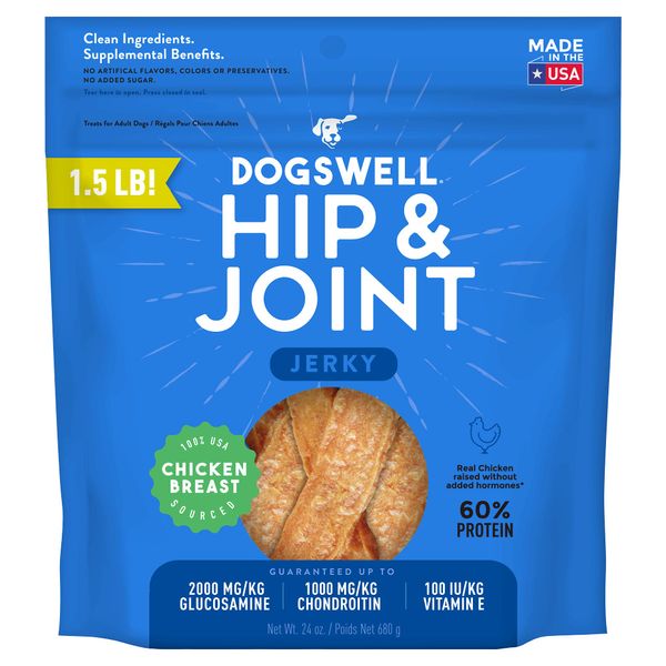 Dogswell Jerky Hip and Joint Dog Treats Grain Free Made in USA Only, Glucosamine and Chondroitin, 24 oz Chicken, 1.5 Pound (Pack of 1)