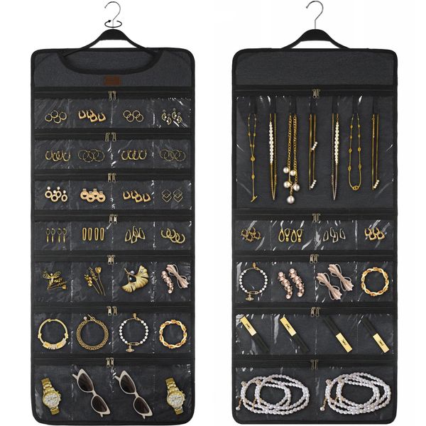 SMRITI Hanging Jewelry Organizer with Dual Zippered Pockets Canvas Double Sided Rotating Hanger Necklace Hanging Wall Organizer Earring Dustproof Holder Wall Mount Accessories Display Bag(Dark Grey)