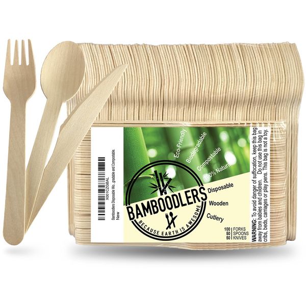 BAMBOODLERS Disposable Wooden Cutlery Set | 100% All-Natural, Eco-Friendly, Biodegradable, and Compostable - Because Earth is Awesome! Pack of 200-6.5” utensils (100 forks, 50 spoons, 50 knives)