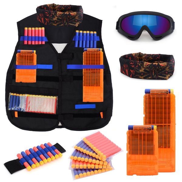 Forliver Kids Tactical Vest Kit for Nerf Guns, N-Strike Elite Series with 50 Bullets Refill Darts + 2 Reload Bullet Clips + Face Tube Mask + Protective Glasses + Hand Wrist Band