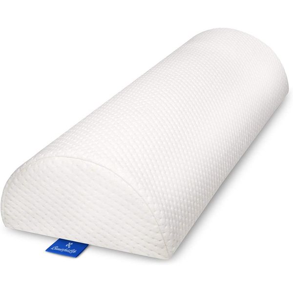 Back Pain Relief Memory Foam Pillow - Half Moon Bolster Knee Pillow for Side, Back, Stomach Sleepers - Semi Roll Round Lumbar Leg Wedge - Reduce Neck Spine Back Hip Ankle Stress - Organic Cotton Cover