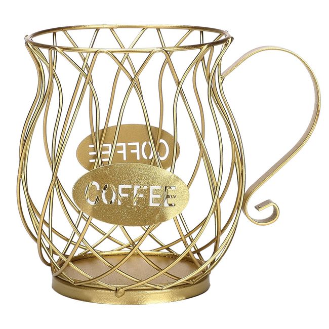 MEUMITY Multiuse Mug Shape Coffee Pod Holder,Large Capacity K Cup Coffee Pods Organizer,Elegant Iron Wire Mug Shape Storage Basket for Counter Home Kitchen Party Wedding Bar,Gold