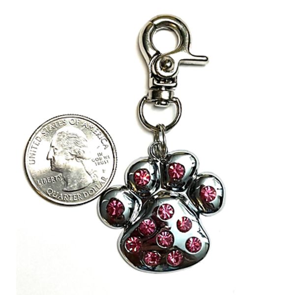 Large Dog Charm Shape of a Paw Pink Rhinestones 1.5"x2.5" includes Lobster Clasp