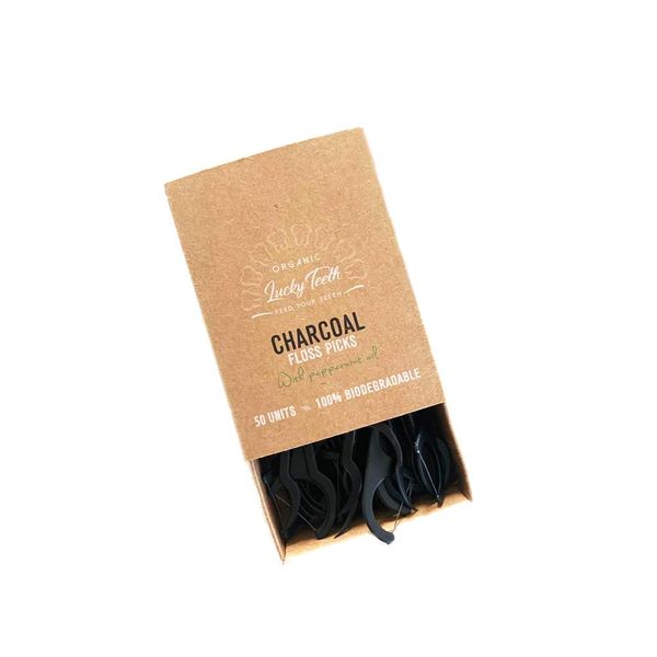 Improved -Biodegradable Activated Charcoal Floss Picks with Organic Peppermint Oil, Plastic Free. Zero Waste - 50 Unit