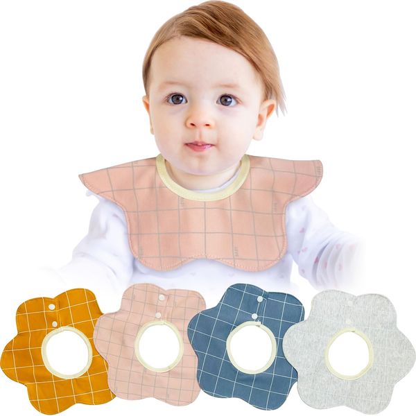 Ancoco Bib, Waterproof, Baby Bib, 100% Cotton, 360° Rotation, Apron, For Meals, Soft, Set of 4, For Nursery School, A Type